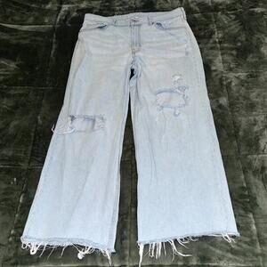 & Denim Loose & Baggy Fit Jeans Womens 14 Blue Denim Cotton Mid Waist Frayed Hem